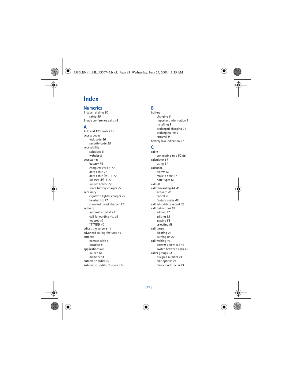 Index, Numerics | Nokia 3586I User Manual | Page 97 / 200