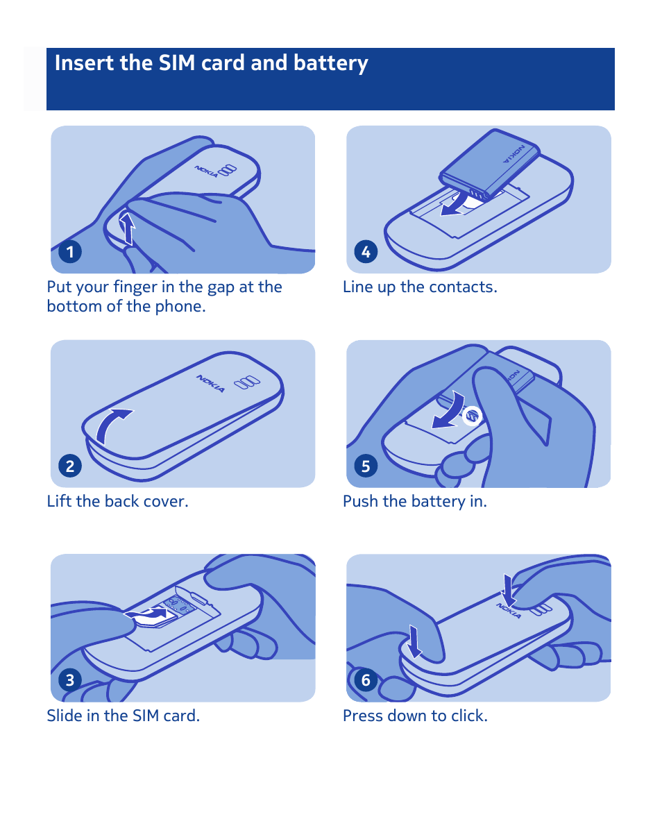 Insert the sim card and battery | Nokia 1280 User Manual | Page 4 / 34