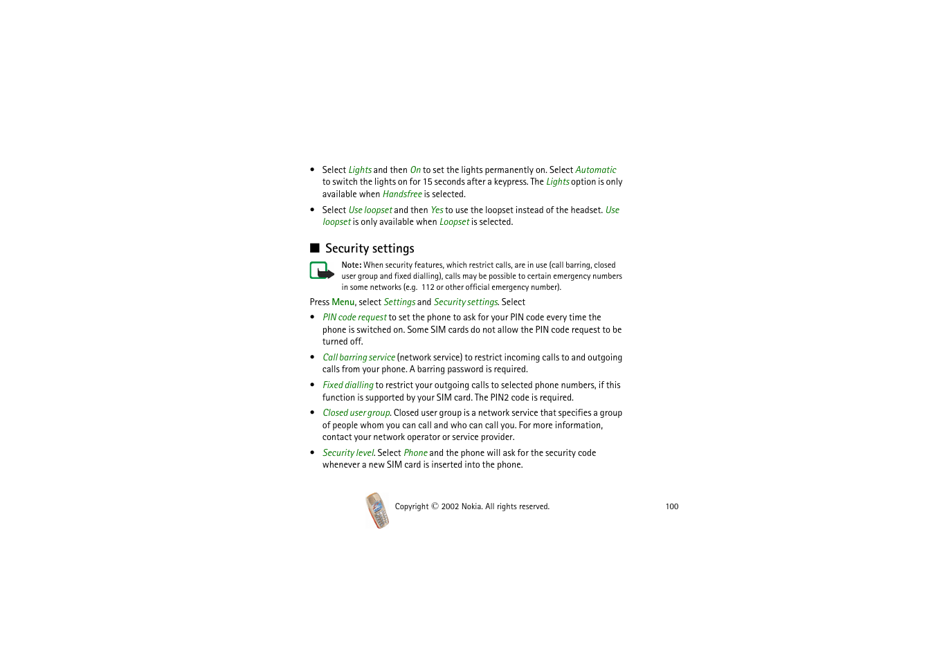 Security settings, Menu, see, Security | Settings | Nokia 3510i User Manual | Page 100 / 123