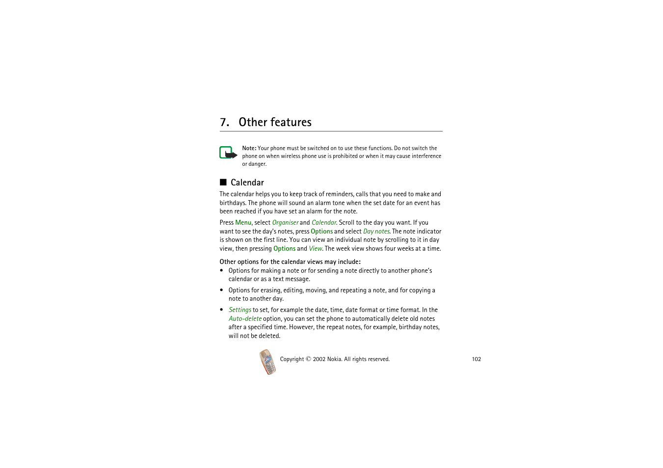 Other features, Calendar | Nokia 3510i User Manual | Page 102 / 123