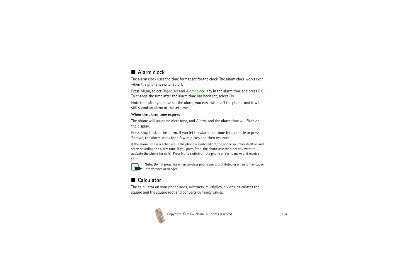 Alarm clock, Calculator | Nokia 3510i User Manual | Page 104 / 123