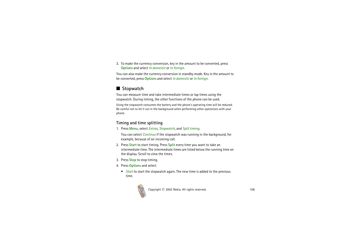 Stopwatch, Nning in the background. see | Nokia 3510i User Manual | Page 106 / 123