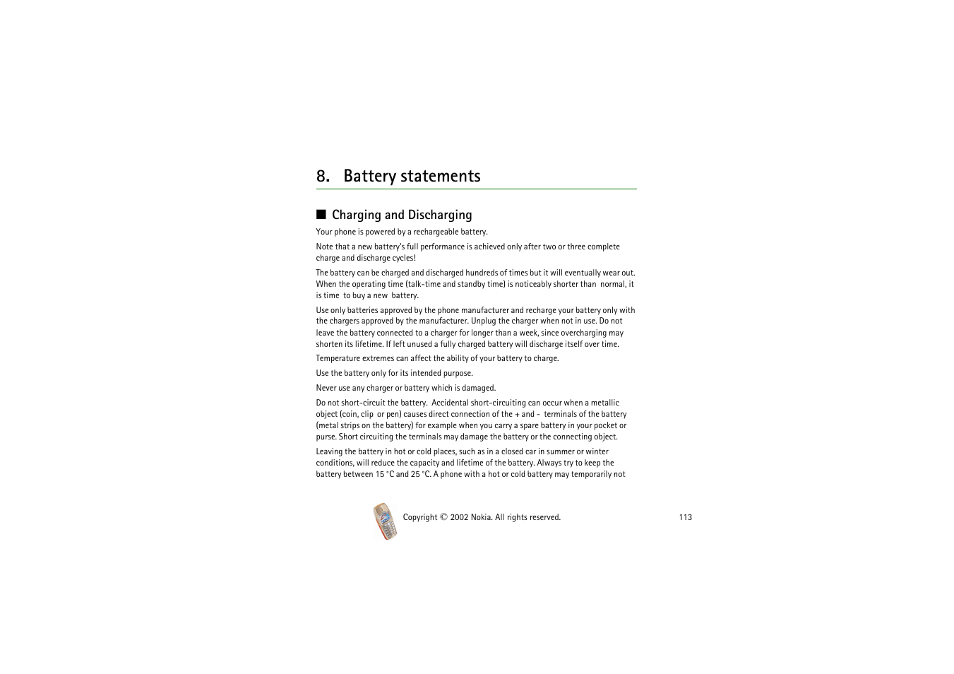 Battery statements, Charging and discharging | Nokia 3510i User Manual | Page 113 / 123