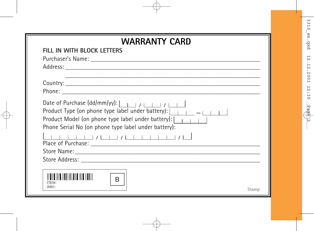 Warranty card | Nokia 3510i User Manual | Page 123 / 123