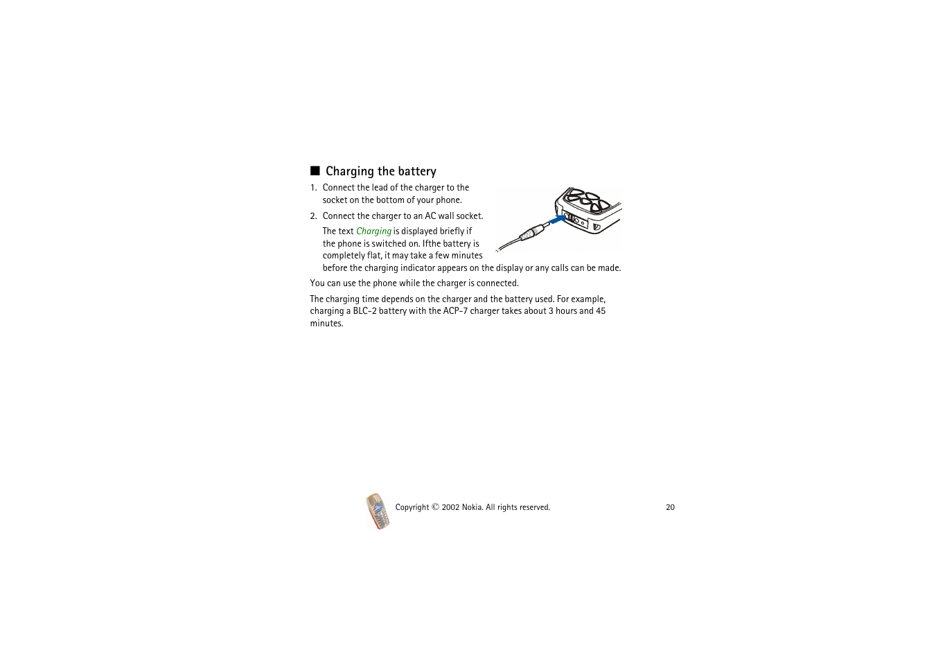 Charging the battery | Nokia 3510i User Manual | Page 20 / 123