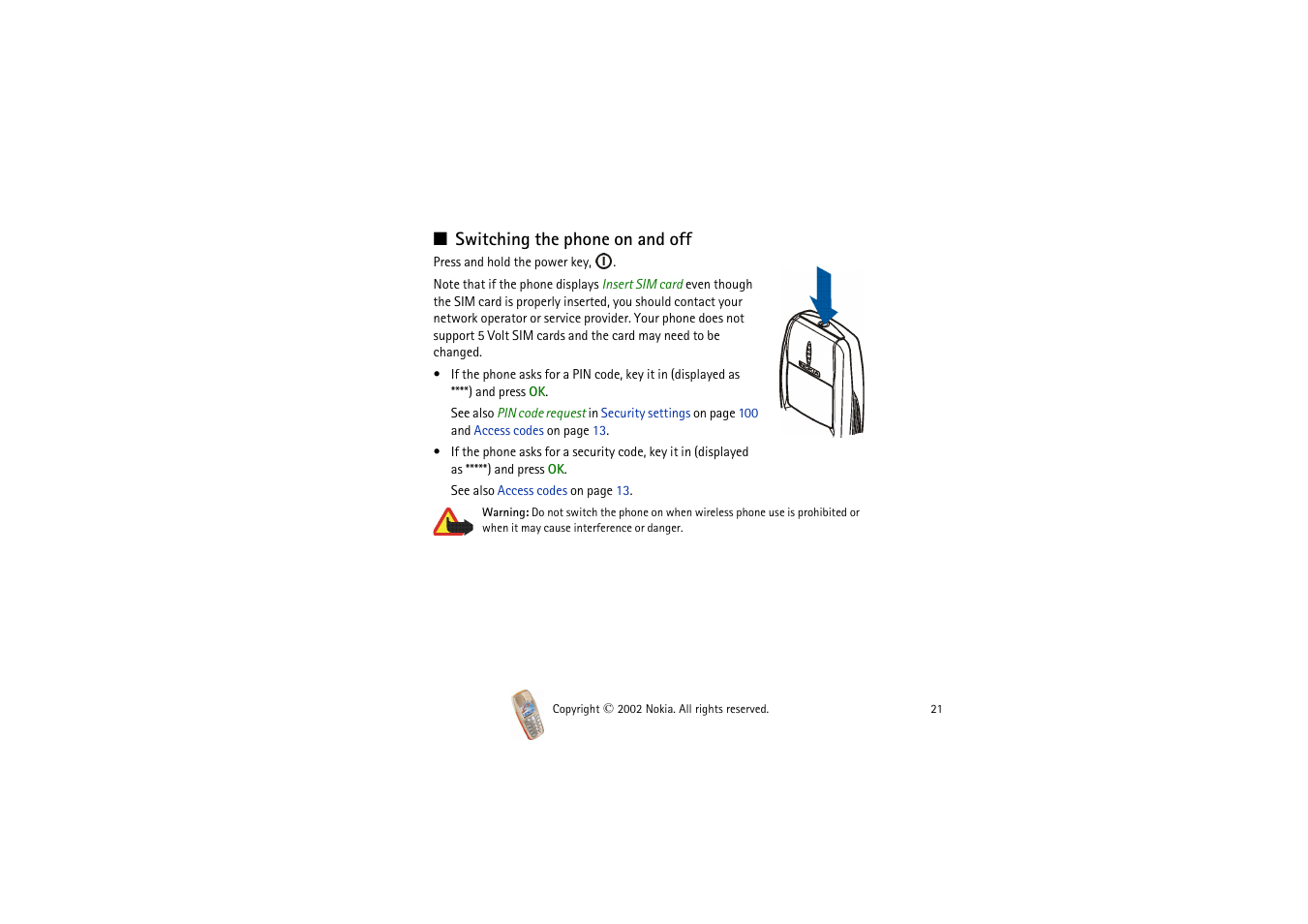 Switching the phone on and off | Nokia 3510i User Manual | Page 21 / 123