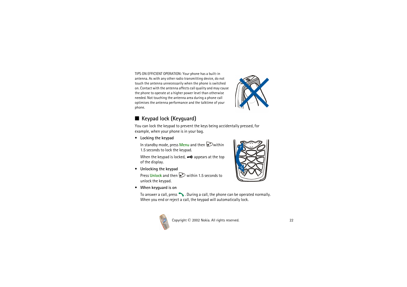 Cked. see, Keypad lock (keyguard), On pag | Nokia 3510i User Manual | Page 22 / 123