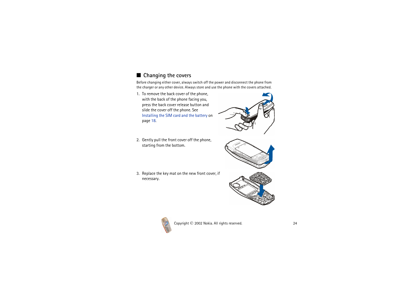 Changing the covers | Nokia 3510i User Manual | Page 24 / 123