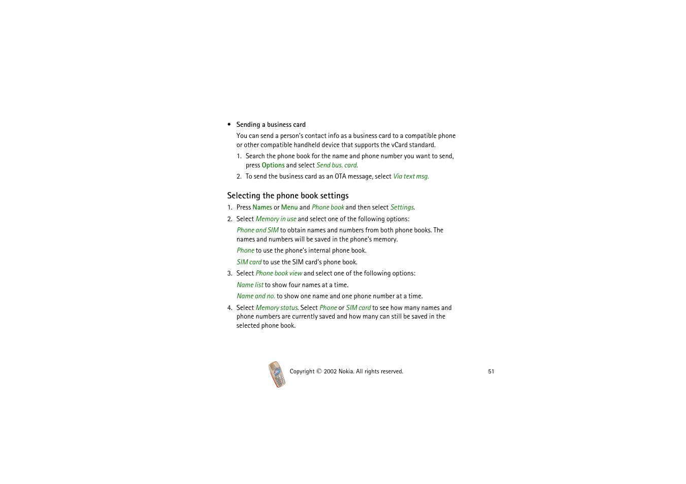 Selecting the phone book settings | Nokia 3510i User Manual | Page 51 / 123