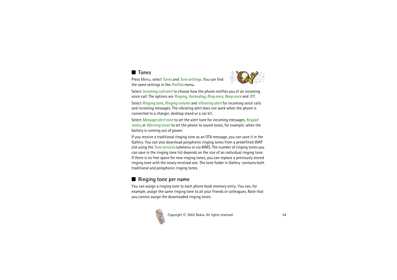 Tones, Ringing tone per name, Menu, see | Nokia 3510i User Manual | Page 54 / 123
