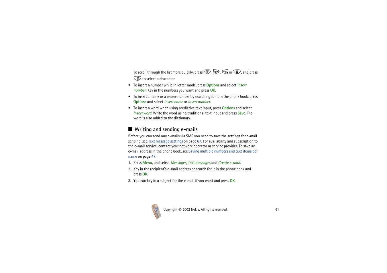 Writing and sending e-mails | Nokia 3510i User Manual | Page 61 / 123