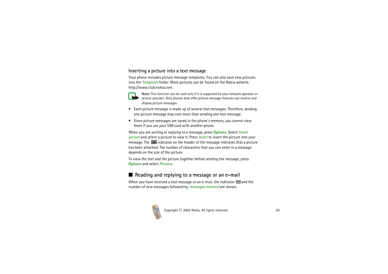 Reading and replying to a message or an e-mail | Nokia 3510i User Manual | Page 63 / 123