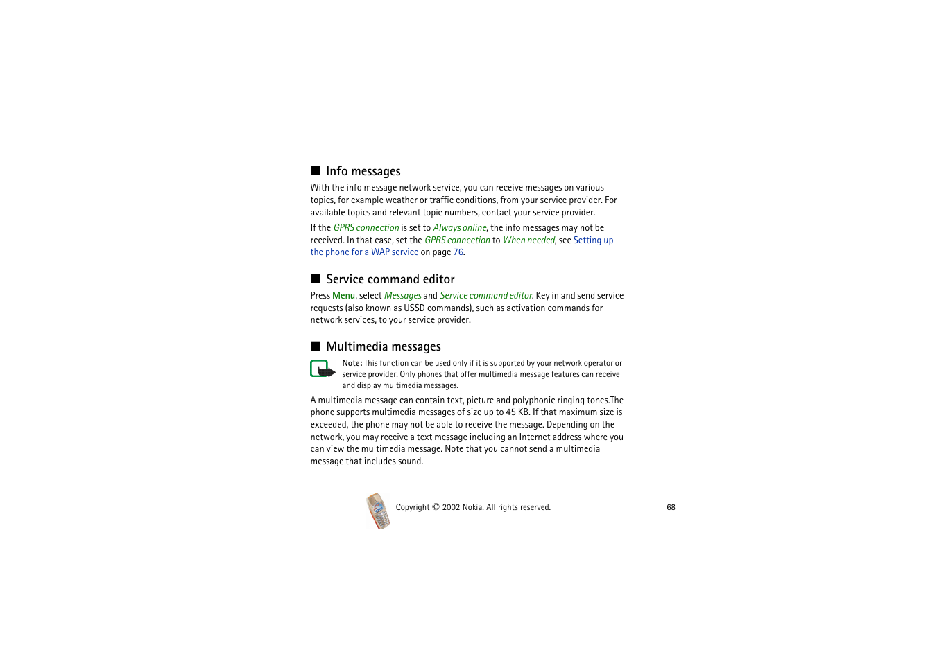 Info messages, Service command editor, Multimedia messages | Nokia 3510i User Manual | Page 68 / 123