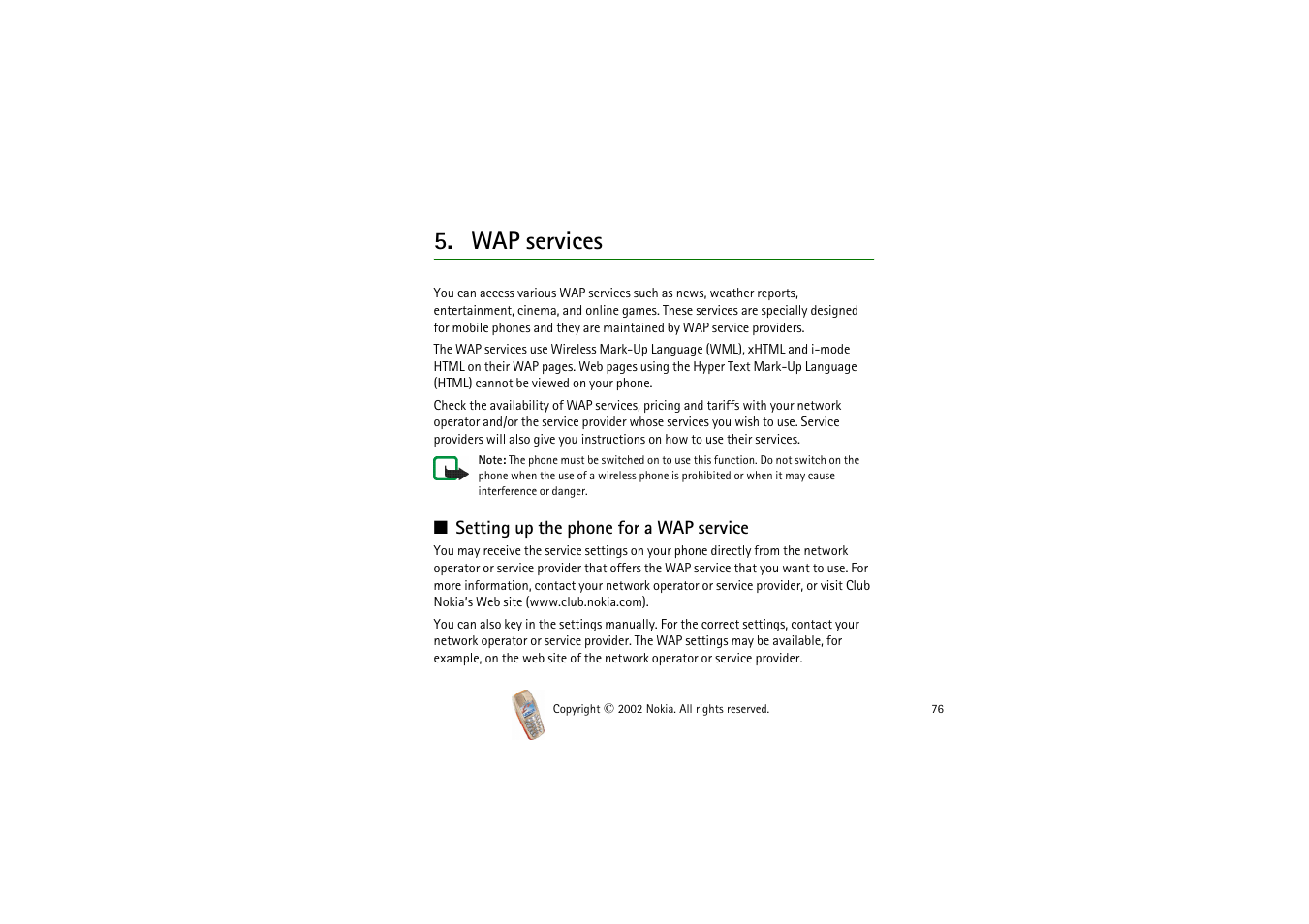 Wap services, Setting up the phone for a wap service, Setting up | The phone for a wap service | Nokia 3510i User Manual | Page 76 / 123
