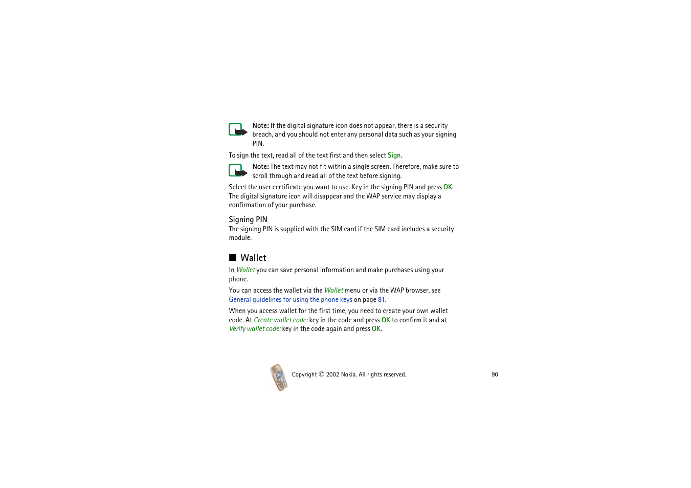 Wallet | Nokia 3510i User Manual | Page 90 / 123