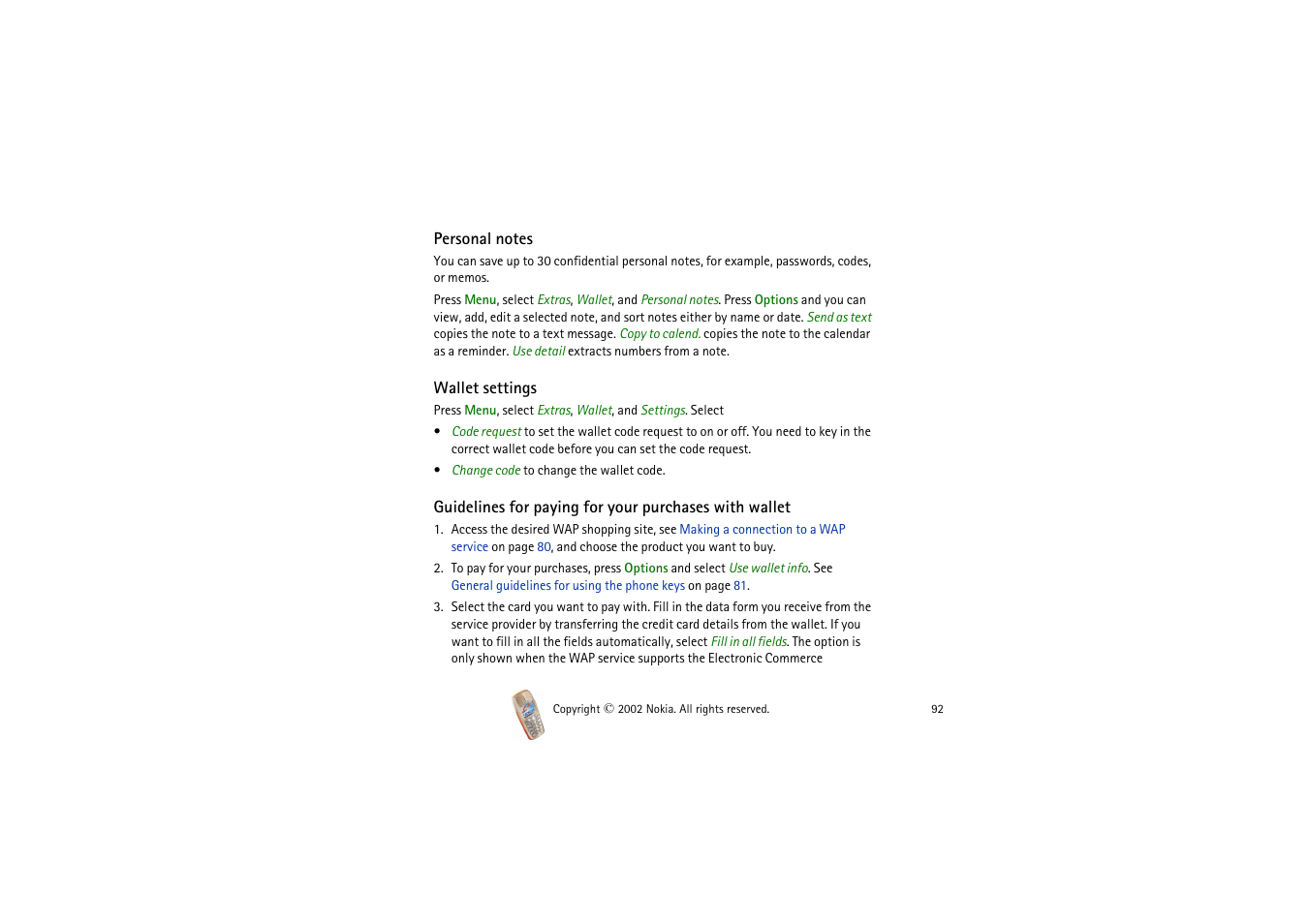Wallet settings | Nokia 3510i User Manual | Page 92 / 123