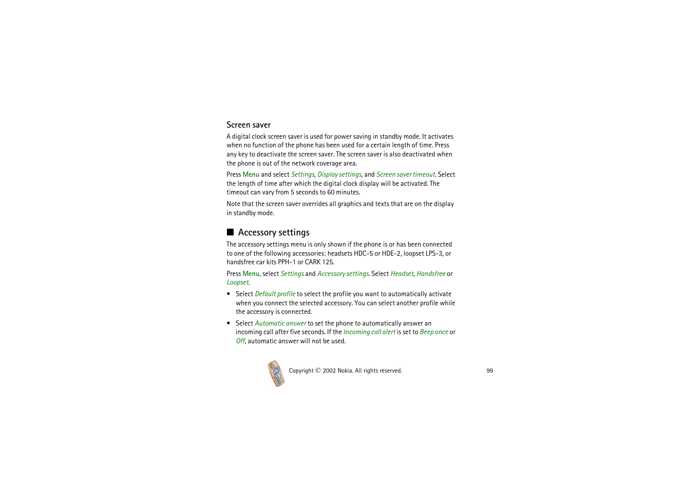 Accessory settings | Nokia 3510i User Manual | Page 99 / 123