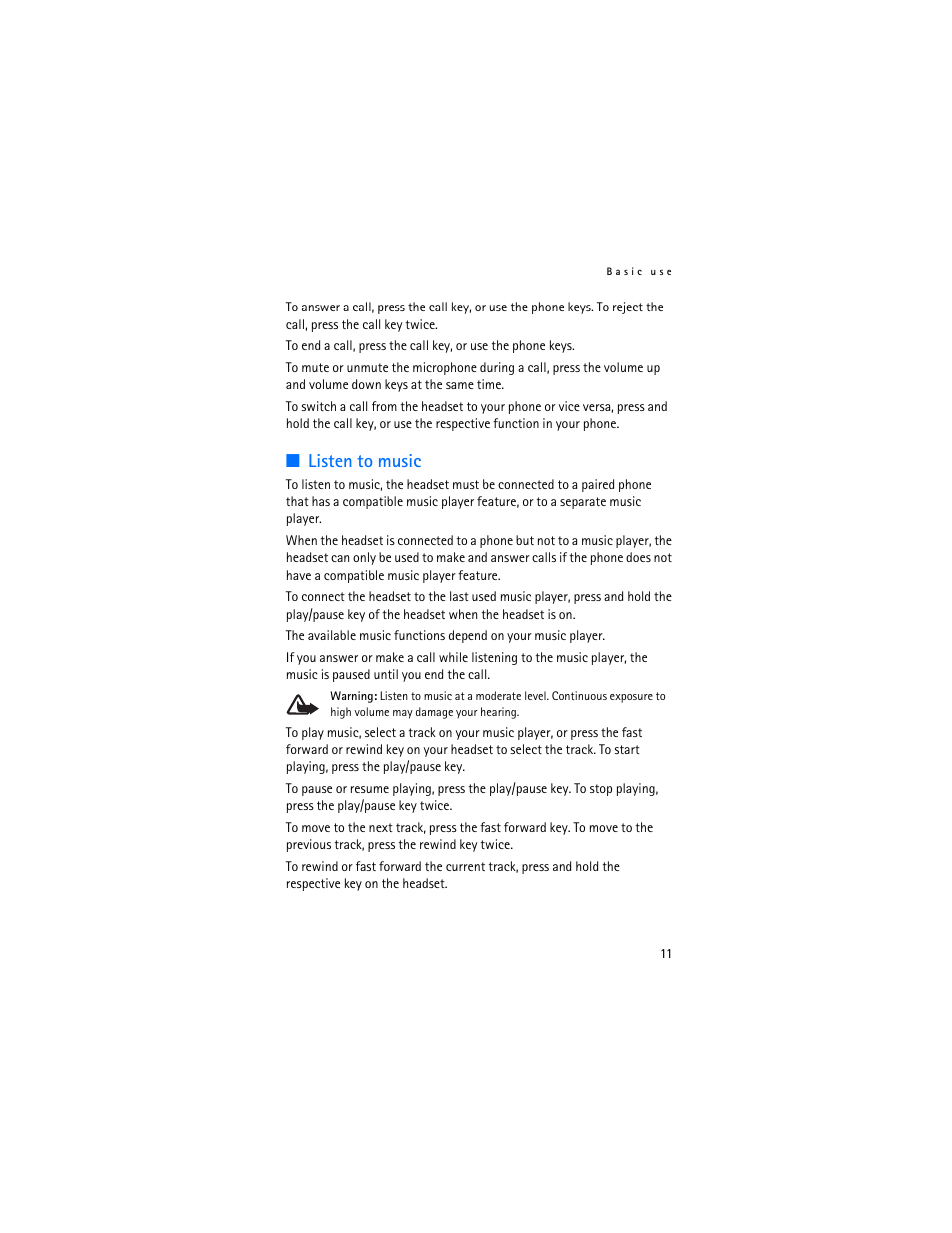 Listen to music | Nokia BH-500 User Manual | Page 11 / 14
