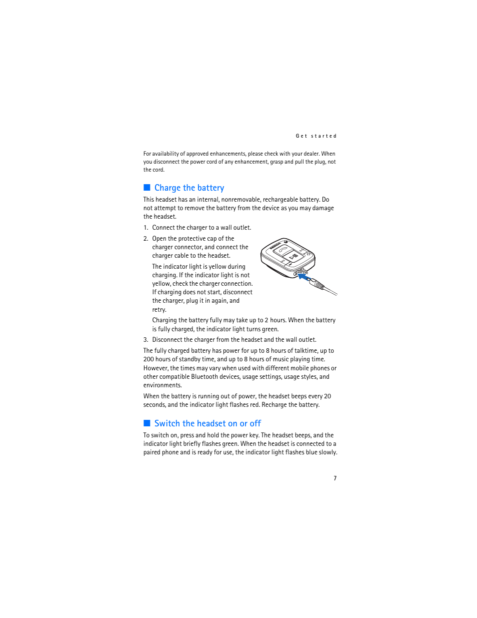 Charge the battery, Switch the headset on or off, Charge the battery switch the headset on or off | Nokia BH-500 User Manual | Page 7 / 14