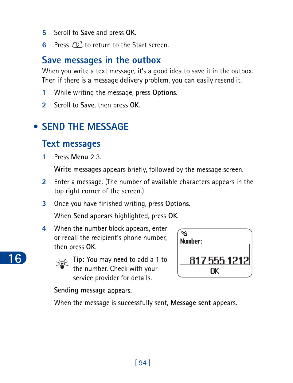 Save messages in the outbox, Send the message, Text messages | Send the message text messages | Nokia 3395 User Manual | Page 107 / 173