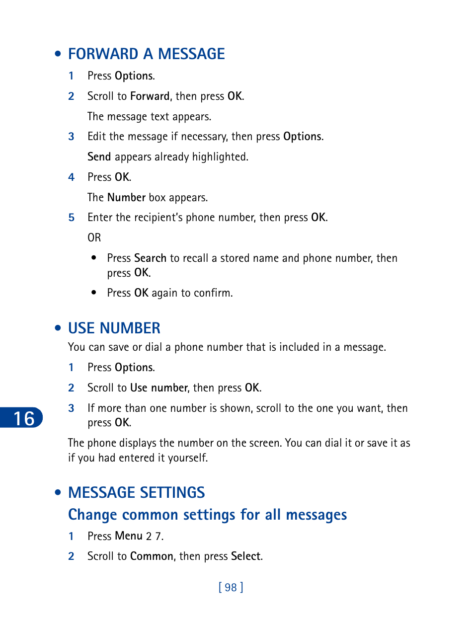 Forward a message, Use number, Message settings | Change common settings for all messages, Forward a message use number message settings | Nokia 3395 User Manual | Page 111 / 173