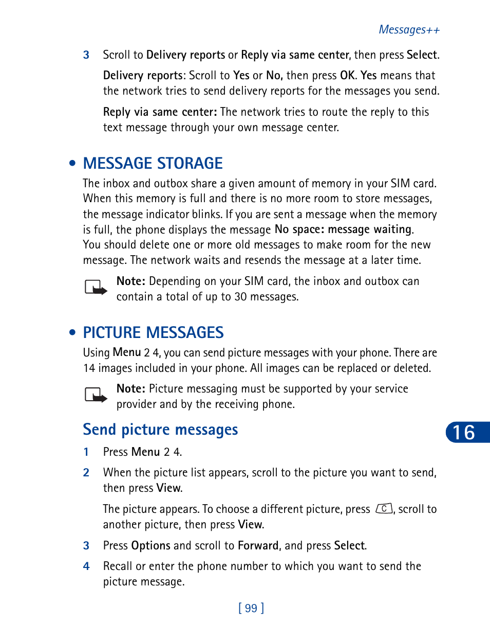 Message storage, Picture messages, Send picture messages | Message storage picture messages | Nokia 3395 User Manual | Page 112 / 173