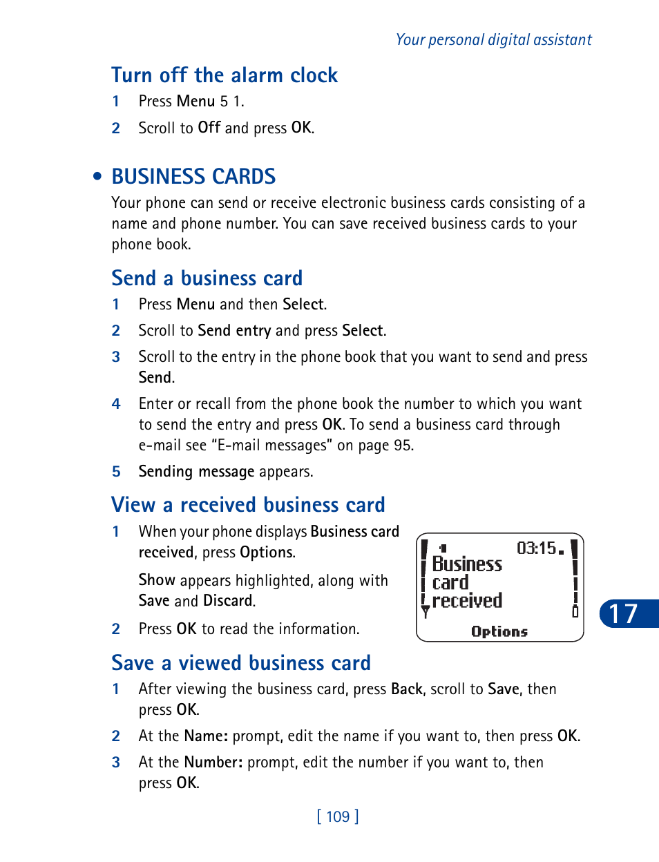 Turn off the alarm clock, Business cards, Send a business card | View a received business card, Save a viewed business card | Nokia 3395 User Manual | Page 122 / 173
