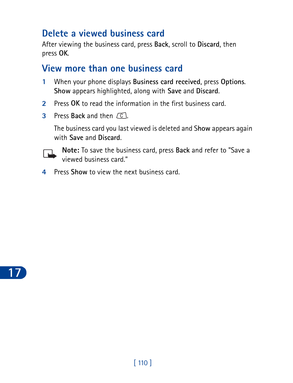 Delete a viewed business card, View more than one business card | Nokia 3395 User Manual | Page 123 / 173