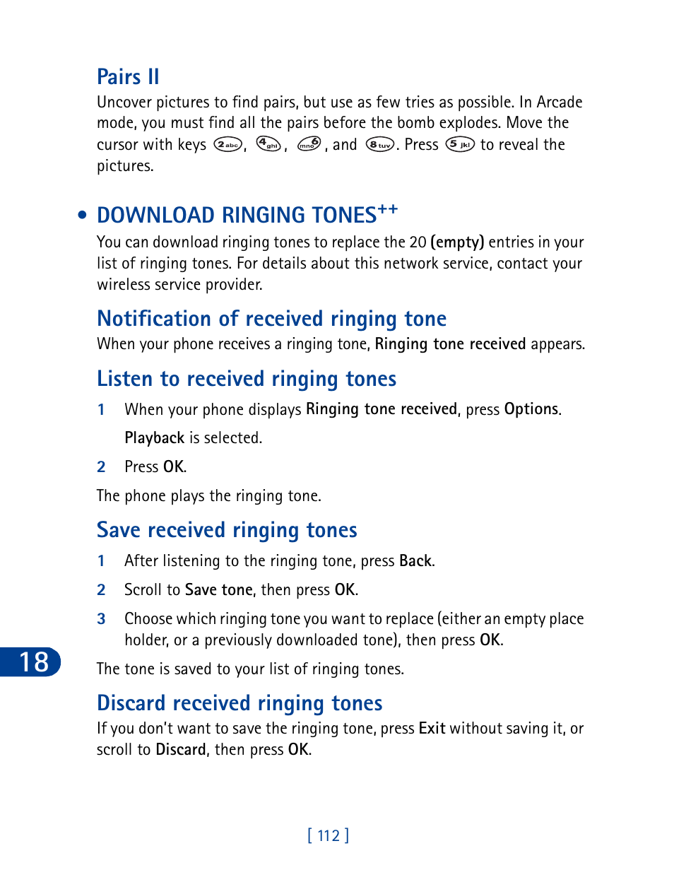 Pairs ii, Download ringing tones, Notification of received ringing tone | Listen to received ringing tones, Save received ringing tones, Discard received ringing tones | Nokia 3395 User Manual | Page 125 / 173