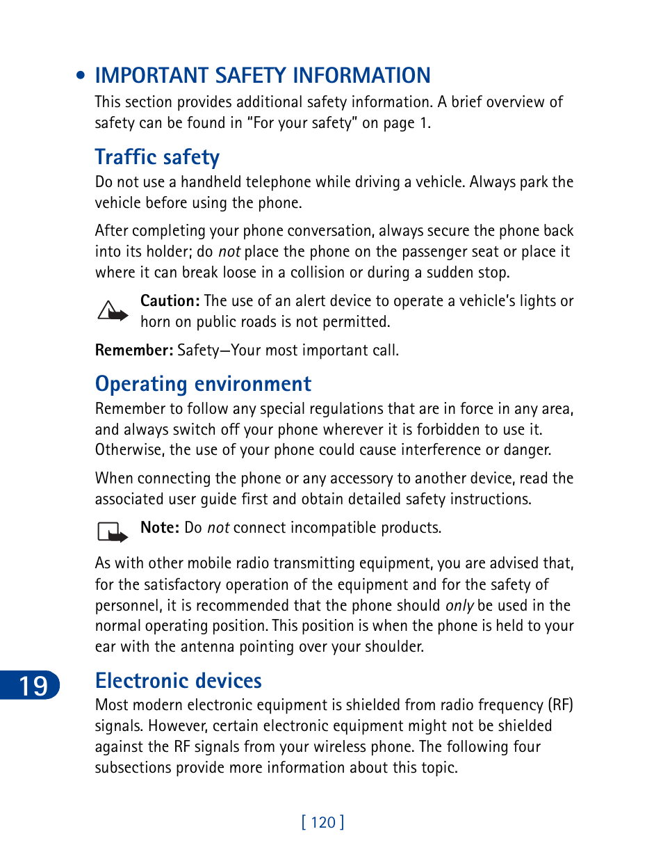 Important safety information, Traffic safety, Operating environment | Electronic devices | Nokia 3395 User Manual | Page 133 / 173