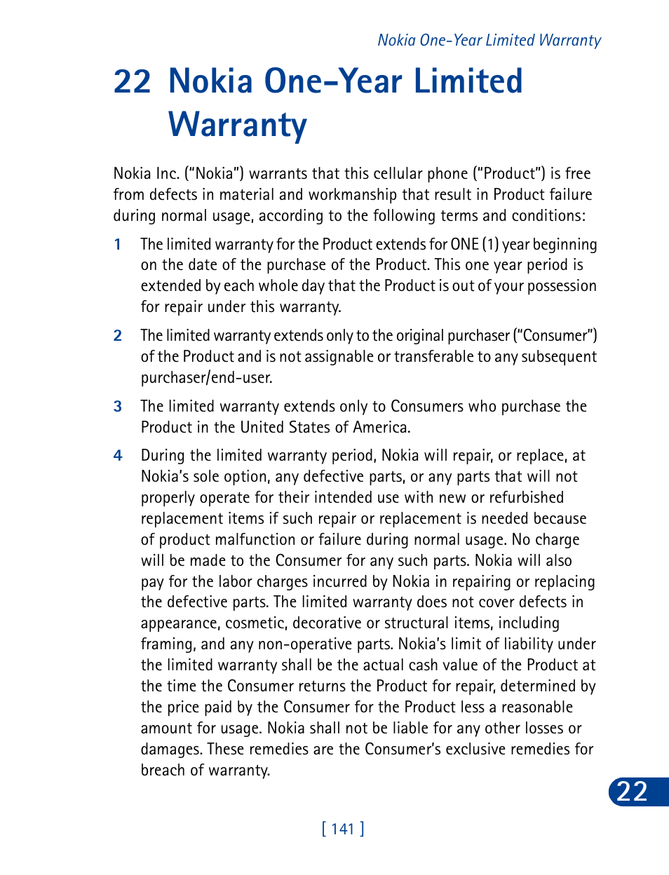 22 nokia one-year limited warranty, Nokia one-year limited warranty | Nokia 3395 User Manual | Page 154 / 173