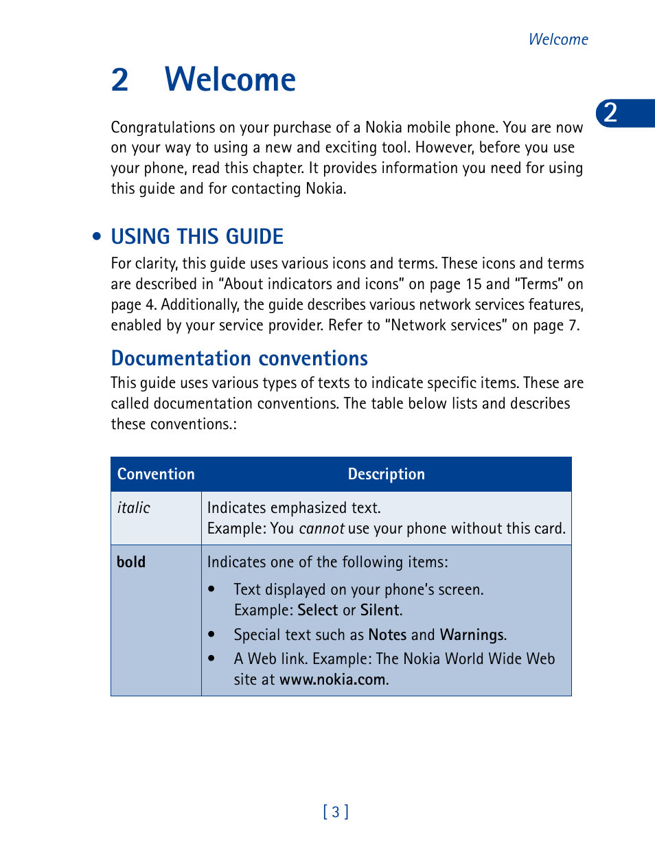 2 welcome, Using this guide, Documentation conventions | Welcome, 2welcome | Nokia 3395 User Manual | Page 16 / 173