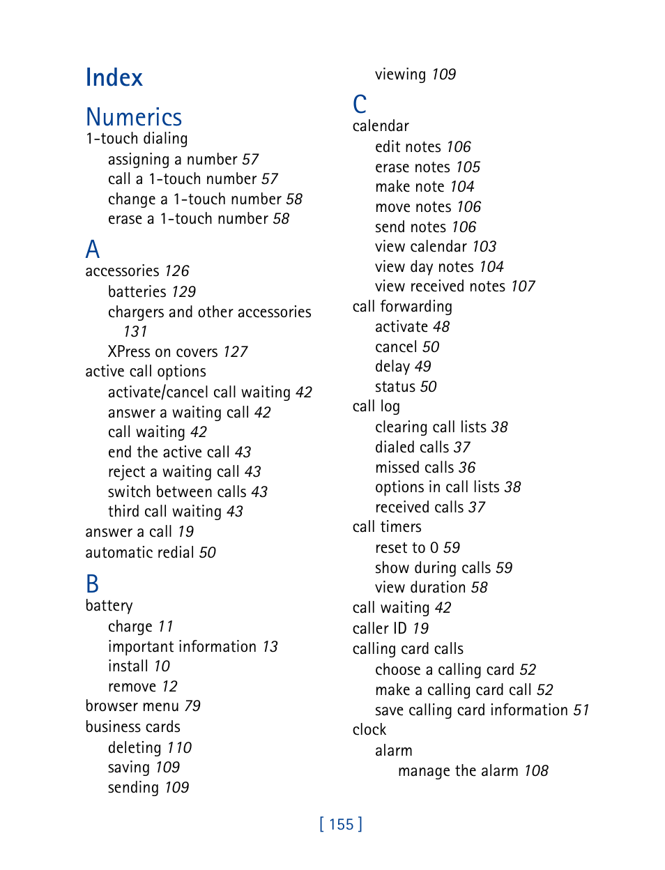 Index, Index numerics | Nokia 3395 User Manual | Page 168 / 173