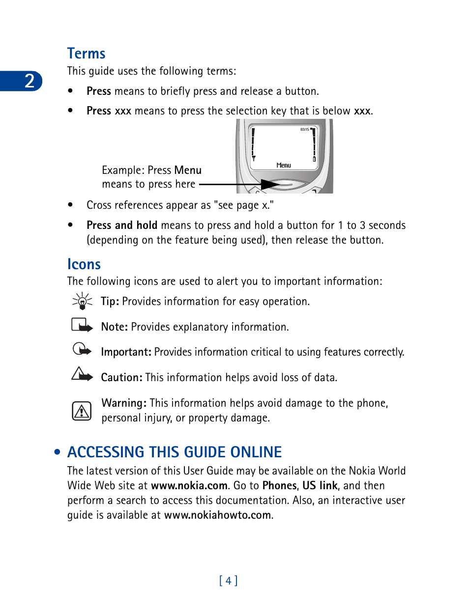 Terms, Icons, Accessing this guide online | Terms icons | Nokia 3395 User Manual | Page 17 / 173