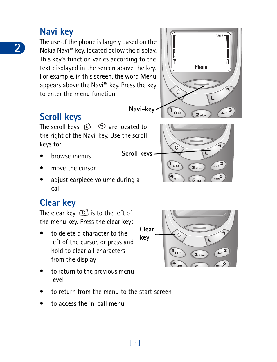 Navi key, Scroll keys, Clear key | Navi key scroll keys clear key | Nokia 3395 User Manual | Page 19 / 173