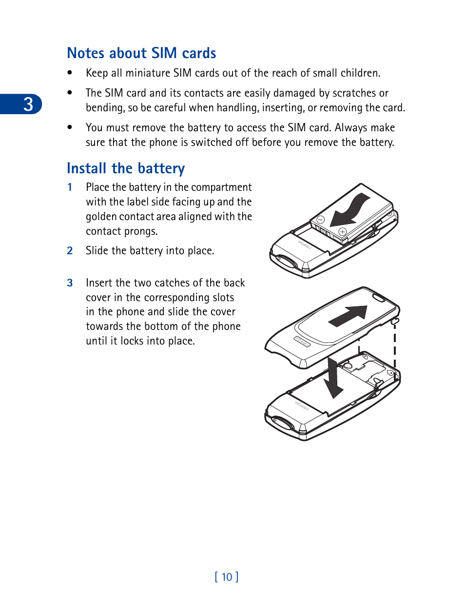 Notes about sim cards, Install the battery, Notes about sim cards install the battery | Nokia 3395 User Manual | Page 23 / 173