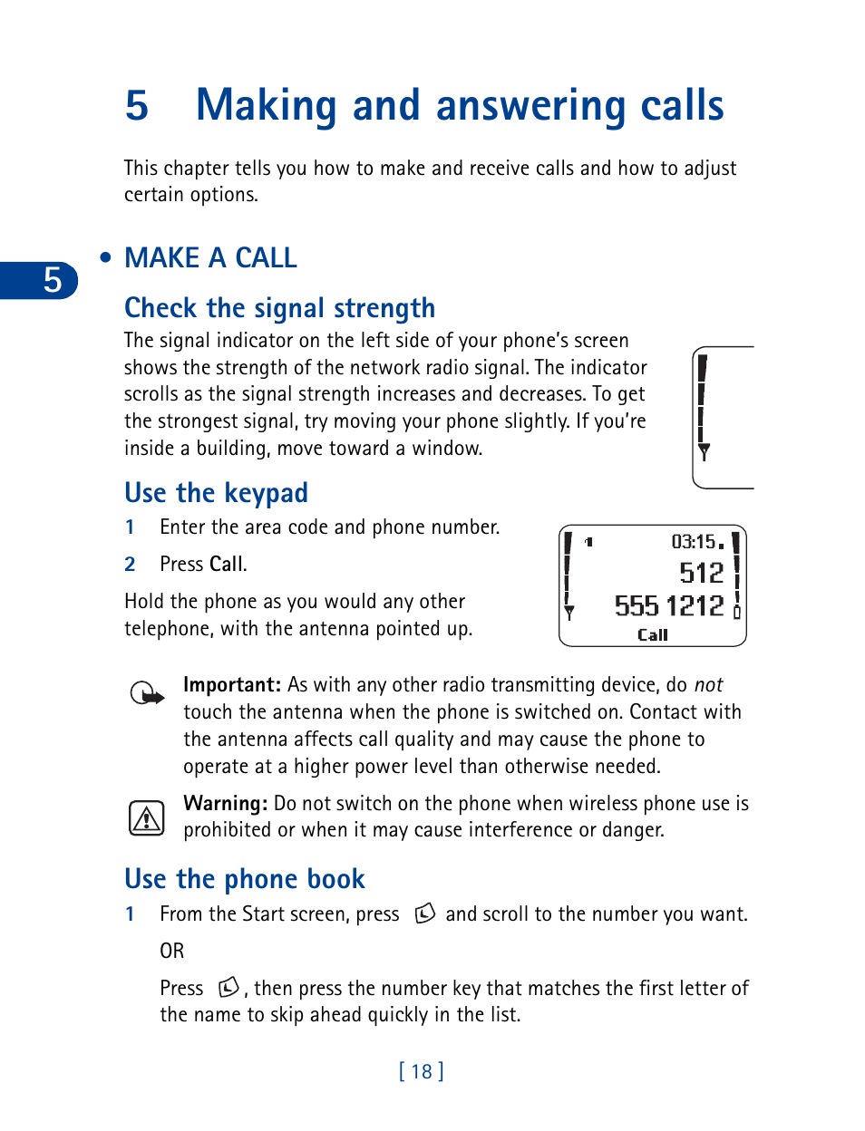 5 making and answering calls, Make a call, Check the signal strength | Use the keypad, Use the phone book, Making and answering calls, 5making and answering calls, Make a call check the signal strength | Nokia 3395 User Manual | Page 31 / 173