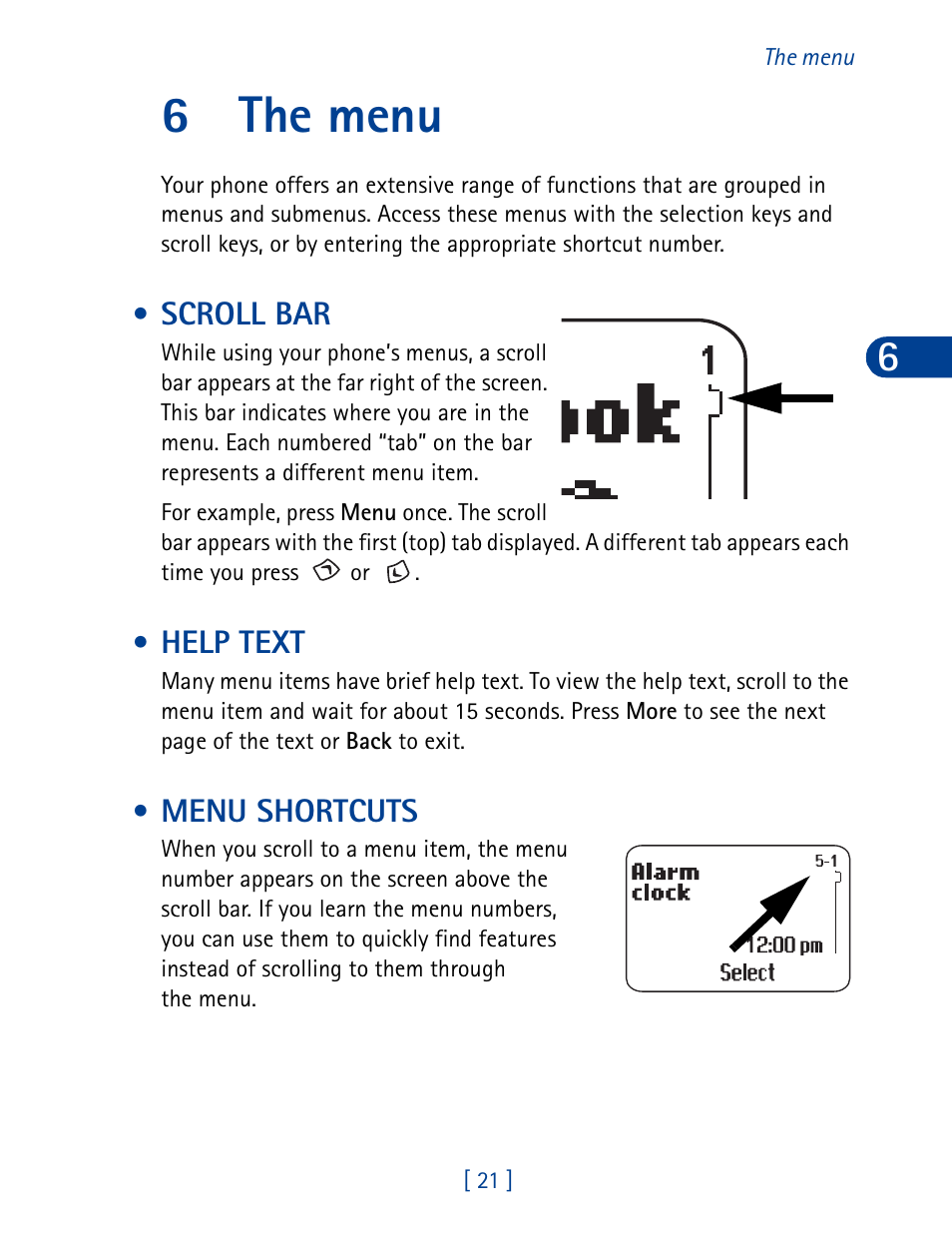 6 the menu, Scroll bar, Help text | Menu shortcuts, The menu, Scroll bar help text menu shortcuts, 6the menu | Nokia 3395 User Manual | Page 34 / 173