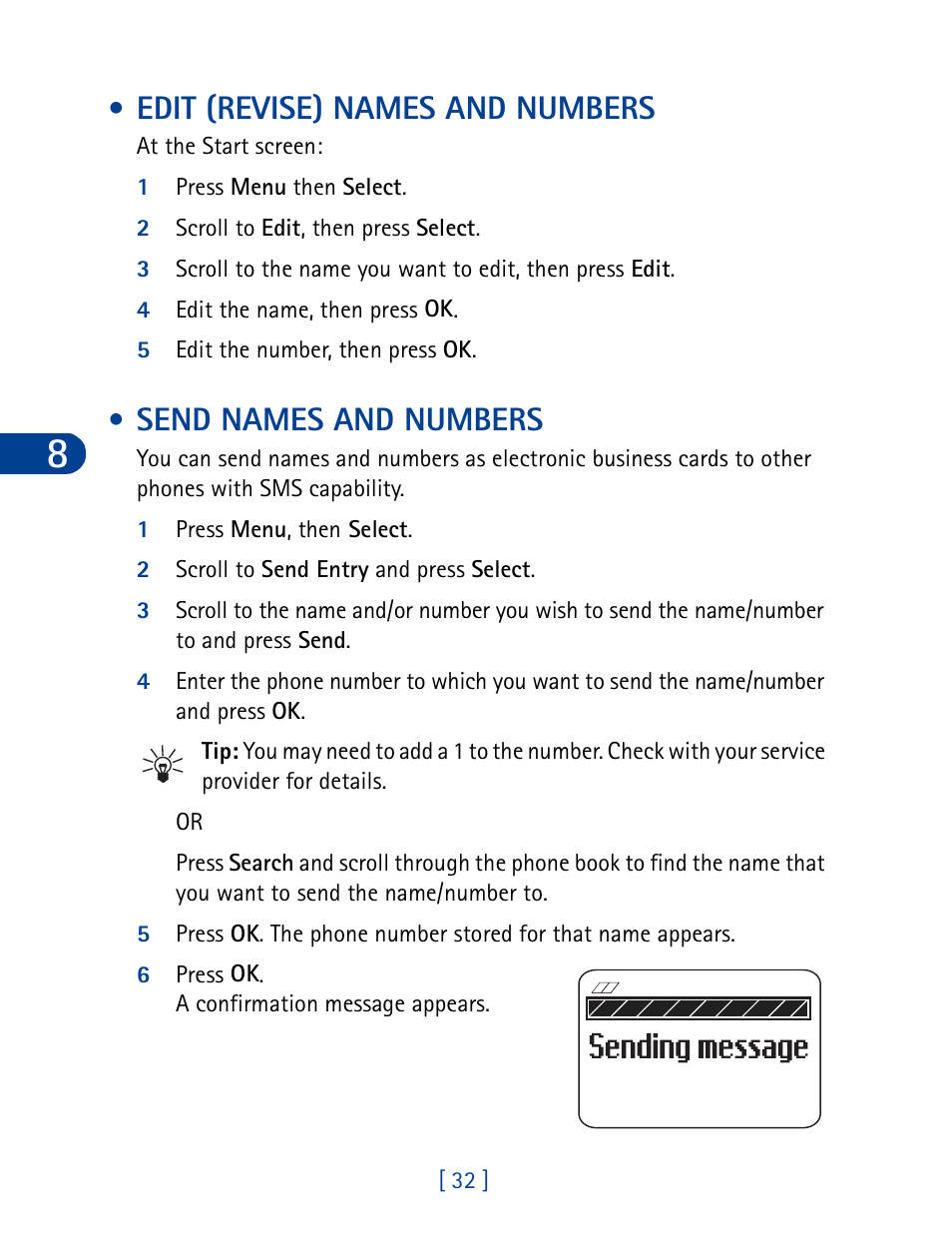 Edit (revise) names and numbers, Send names and numbers | Nokia 3395 User Manual | Page 45 / 173