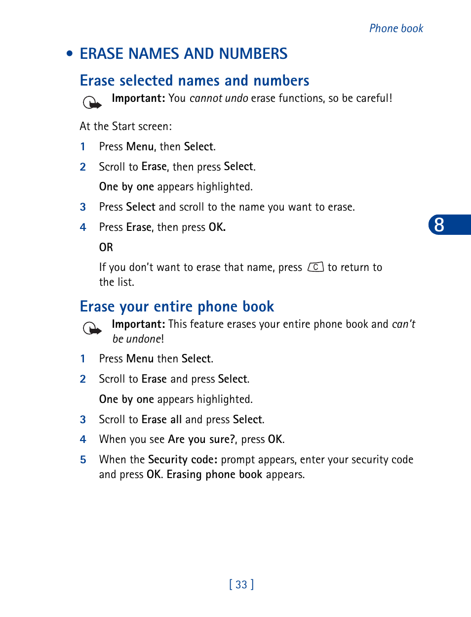 Erase names and numbers, Erase selected names and numbers, Erase your entire phone book | Nokia 3395 User Manual | Page 46 / 173