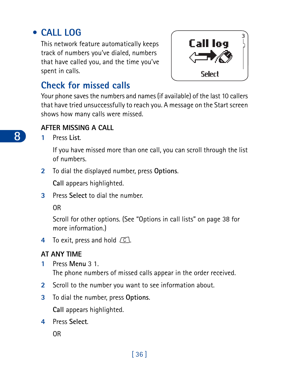 Call log, Check for missed calls | Nokia 3395 User Manual | Page 49 / 173