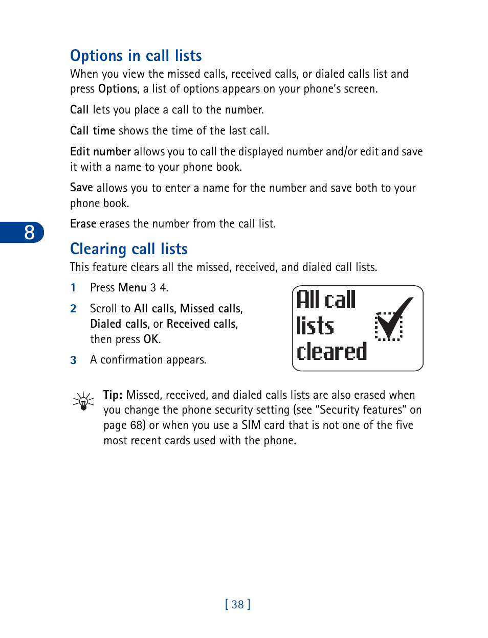 Options in call lists, Clearing call lists, Options in call lists clearing call lists | Nokia 3395 User Manual | Page 51 / 173