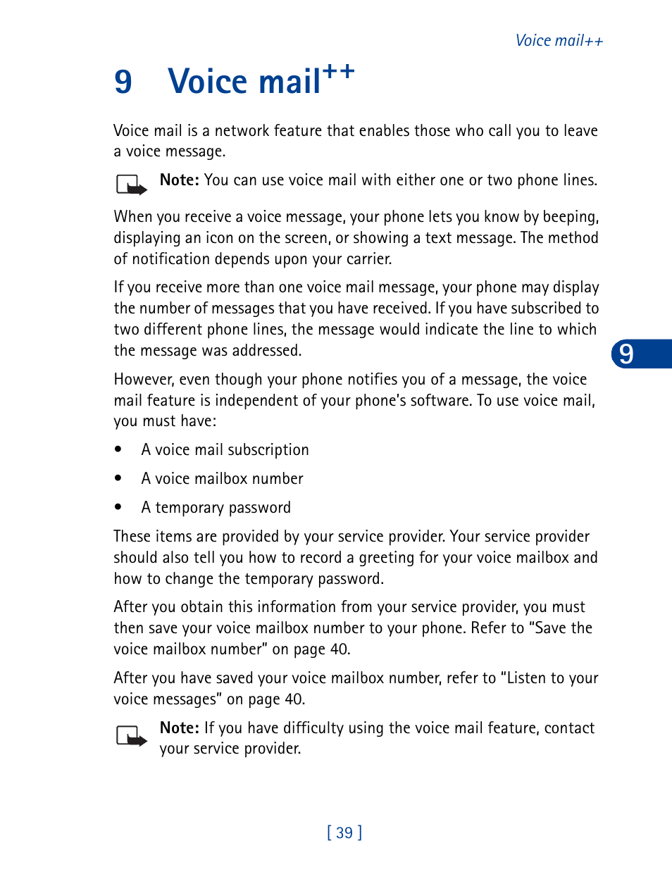 9 voice mail, Voice mail, 9voice mail | Nokia 3395 User Manual | Page 52 / 173
