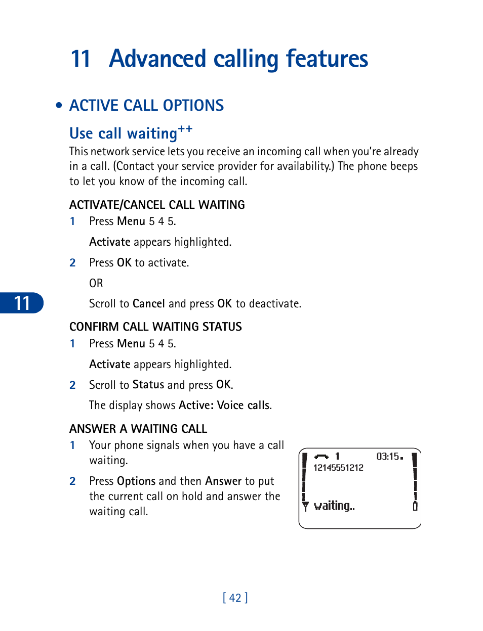 11 advanced calling features, Active call options, Use call waiting | Advanced calling features, Active call options use call waiting | Nokia 3395 User Manual | Page 55 / 173