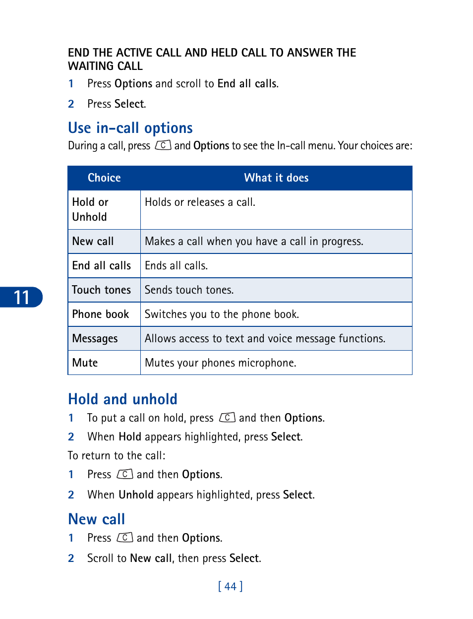 Use in-call options, Hold and unhold, New call | Use in-call options hold and unhold | Nokia 3395 User Manual | Page 57 / 173