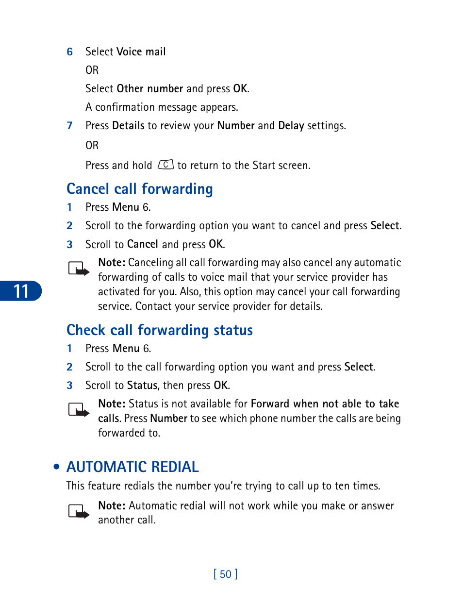 Cancel call forwarding, Check call forwarding status, Automatic redial | Nokia 3395 User Manual | Page 63 / 173
