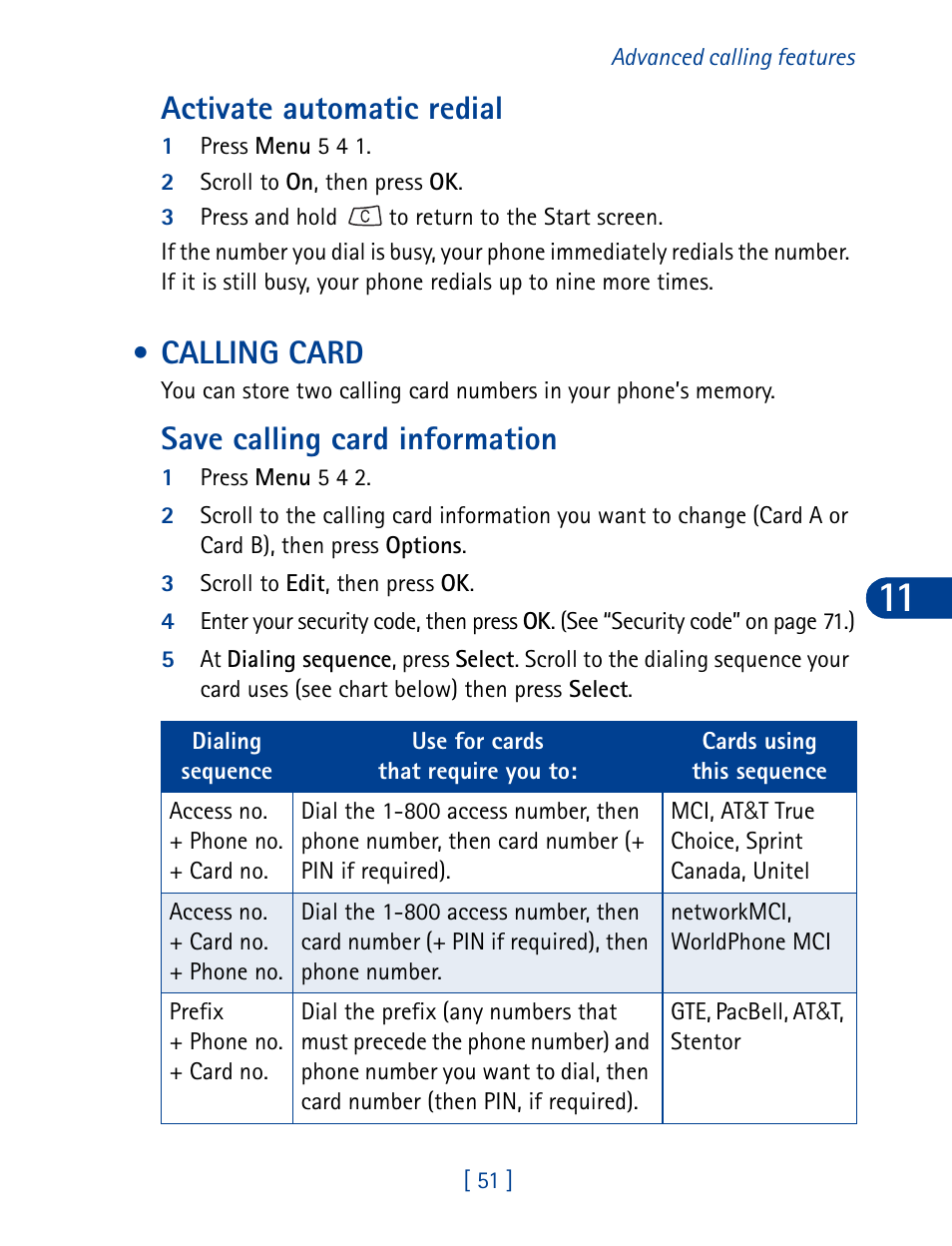 Activate automatic redial, Calling card, Save calling card information | Nokia 3395 User Manual | Page 64 / 173