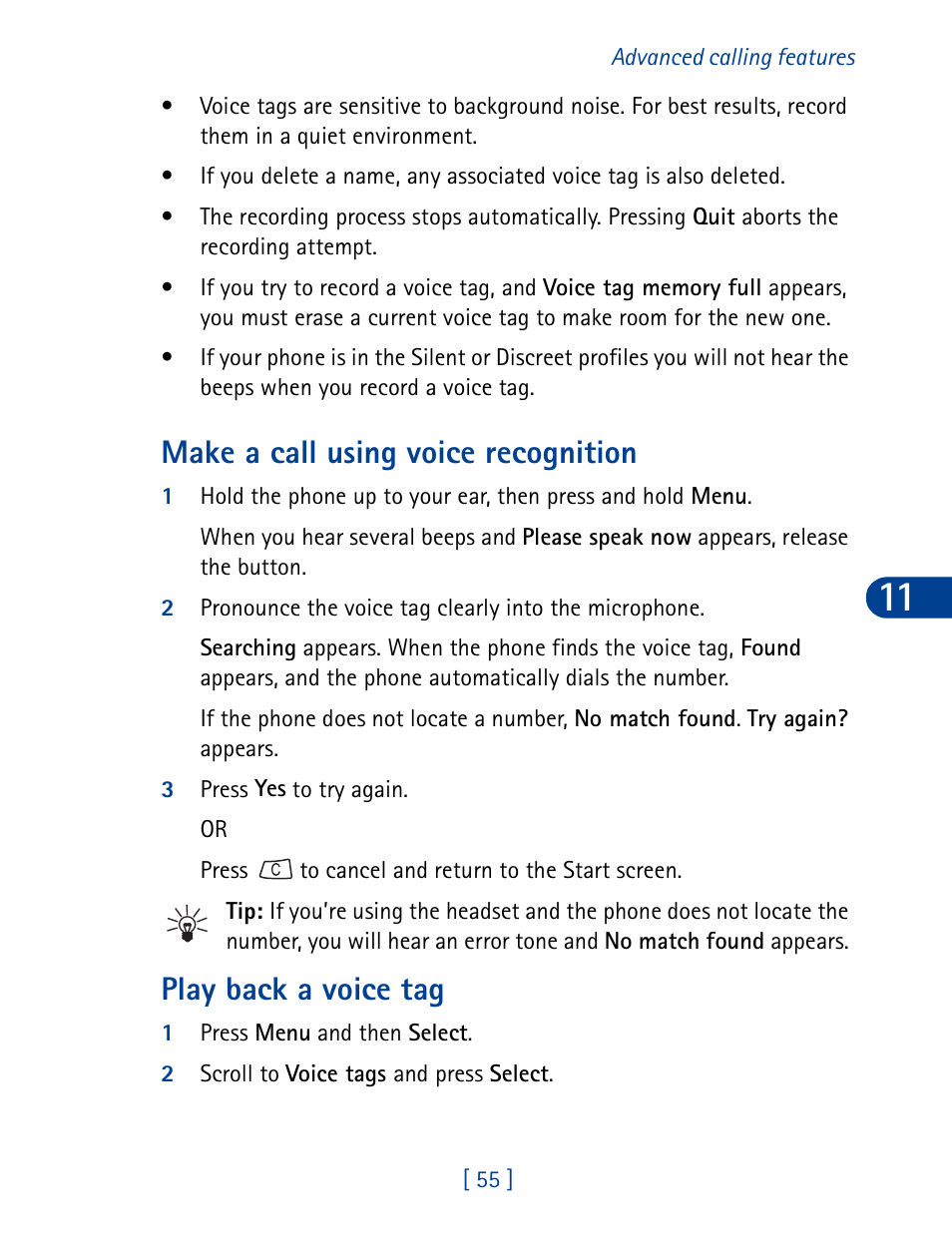 Make a call using voice recognition, Play back a voice tag | Nokia 3395 User Manual | Page 68 / 173