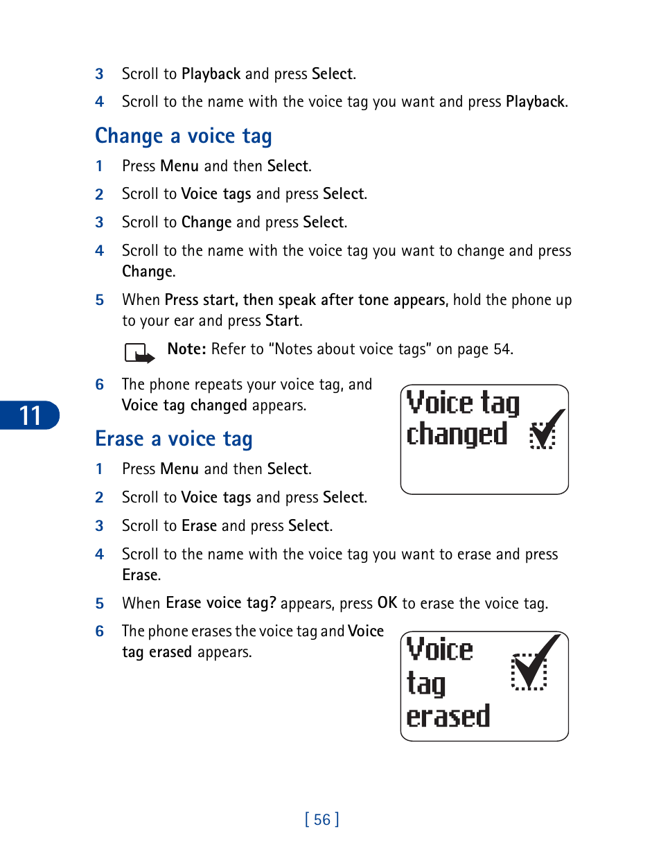 Change a voice tag, Erase a voice tag, Change a voice tag erase a voice tag | Nokia 3395 User Manual | Page 69 / 173