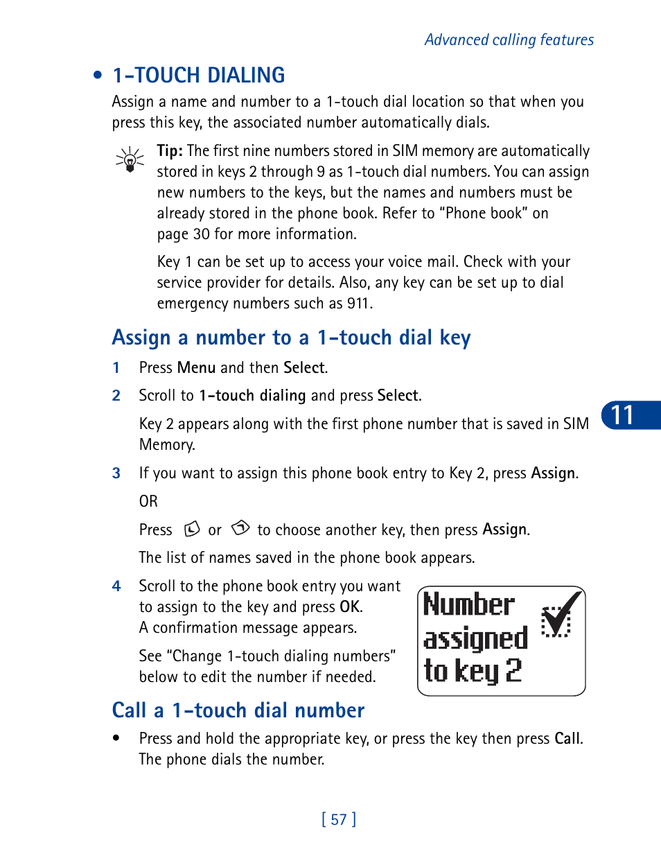 Touch dialing, Assign a number to a 1-touch dial key, Call a 1-touch dial number | Nokia 3395 User Manual | Page 70 / 173